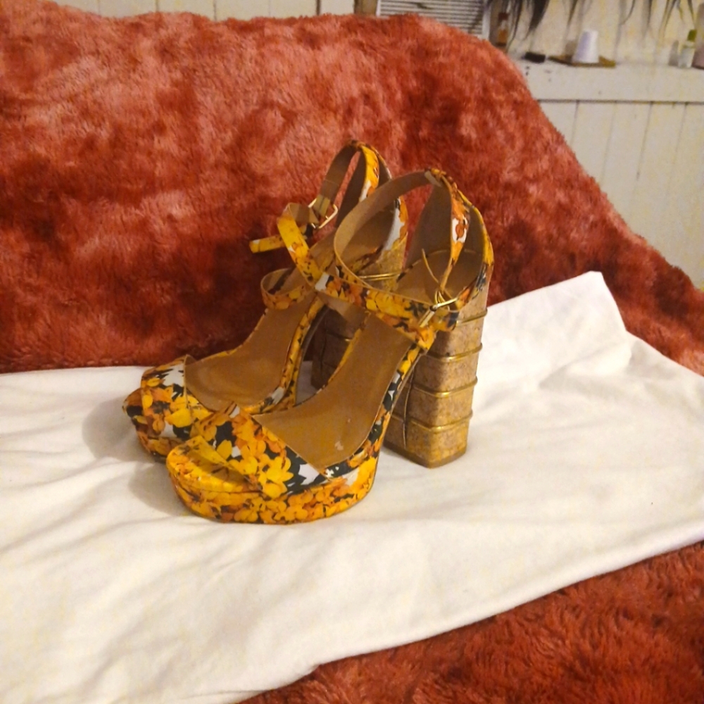 Floral Platform Heels with Gold Block Heel